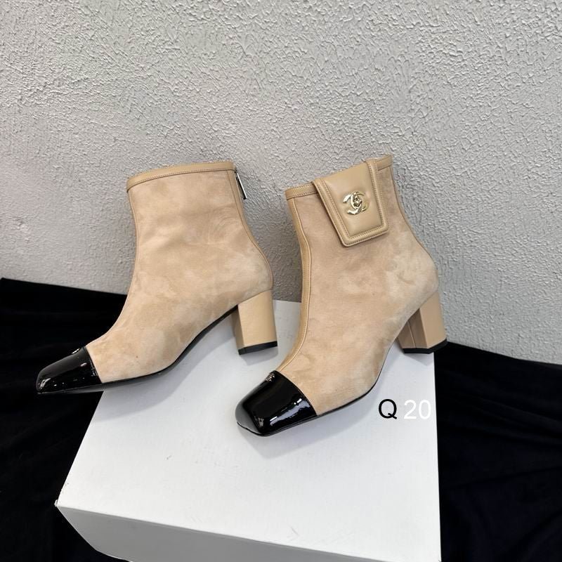 Chanel Contrast-Toe Block-Heel Ankle Boots