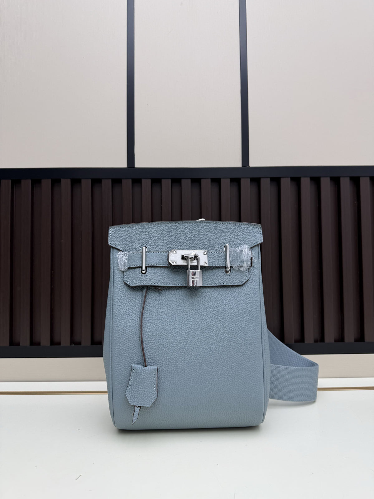 Hermes Luxury Mini Backpack – Pale Blue Textured Leather with Silver Hardware