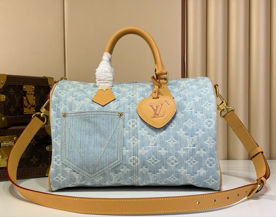 Louis Vuitton Light Blue Monogram Denim Top-Handle Bag with Crossbody Strap